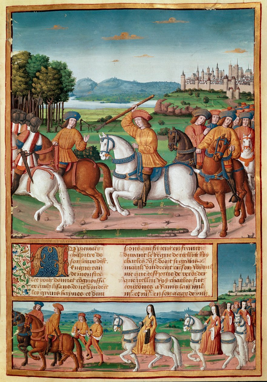 VI. Károly őrülete (1368-1422). 1392. augusztus 5-én a Le Mans-i erdőben a dühös őrület támadásait kezdte átélni: hazaárulás miatt kiáltva megtámadta saját társulatát, és megölt négy miniatűr embert a Chronicles de Enguerrand de Mo-ból. alkotó: Unknown artist