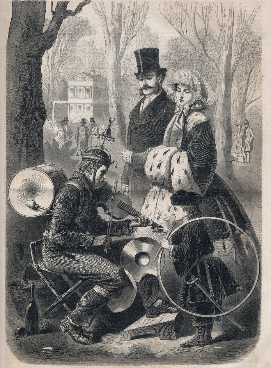 A párizsi Champs Elysees férfi zenekara. Csengősapka van, görgős láda a hátán, cintányérok a térdén, hegedül. Metszet a „Le Monde illustrious”-ban 1862-ből. Magángyűjtemény. alkotó: Unknown artist