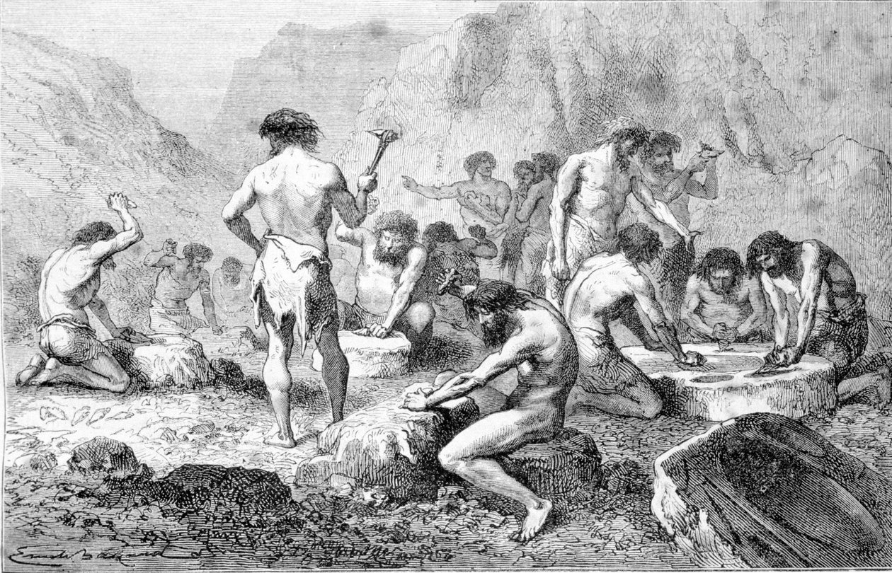A kovakő gyártása és fényezése az őskori férfiak által Pressignyben. alkotó: Unknown artist
