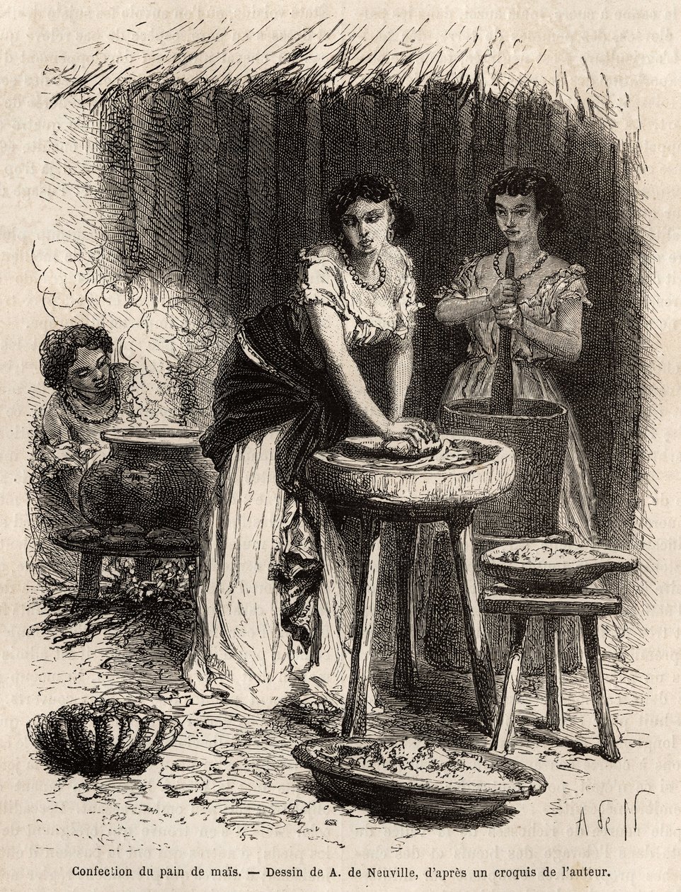 Az élelmiszer alapját képező kukoricakenyér gyártása a Great Cauca Valley (Kolumbia) női által. Dr. Saffray 1869-es metszete az új-granadai utazás szemléltetésére, megjelent a „Le tour du monde”” 1873-ban, szerkesztette Edouard Charton, Hachet kiadás alkotó: Unknown artist