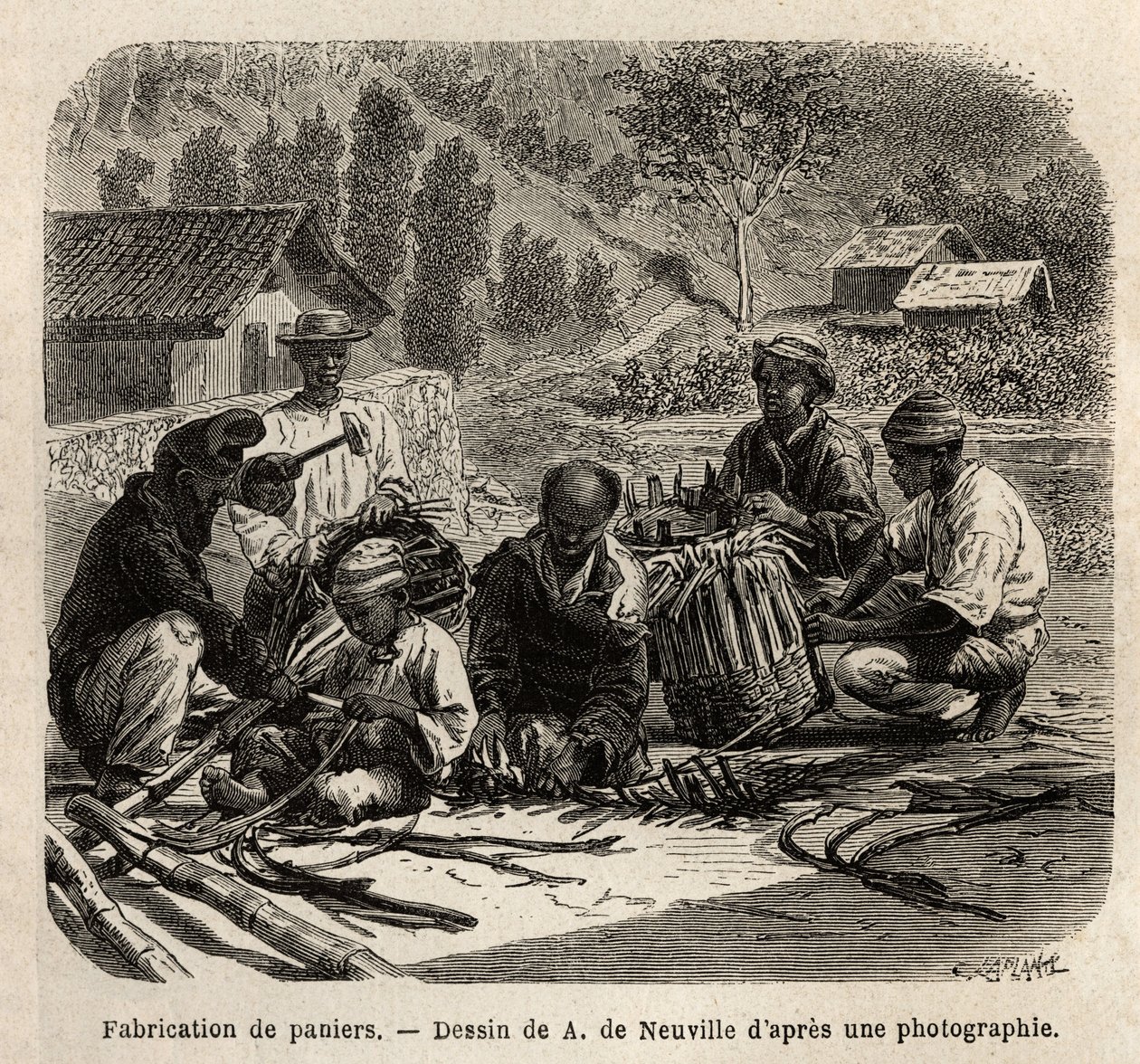 Pálmalevél kosarak gyártása, kávégyűjtéshez. Metszet a brazíliai utazás illusztrálására, M. és Mme Agassiz története 1865-1866-ban, megjelent a „Le tour du monde, nouveau Journal des voyages” című folyóiratban, Edouard Charto irányítása alatt alkotó: Unknown artist