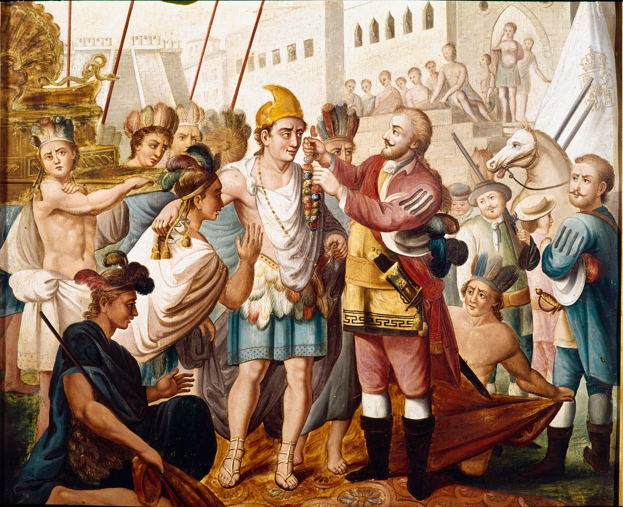 Hernan (vagy Hernando) Cortes vagy Fernand Cortez (1485-1547) és Montezuma azték király (vagy Moctezuma: 1466 - 1520) találkozása 1519 novemberében A 19. századi névtelen festmény. Amerika Múzeum, Madrid. alkotó: Unknown artist