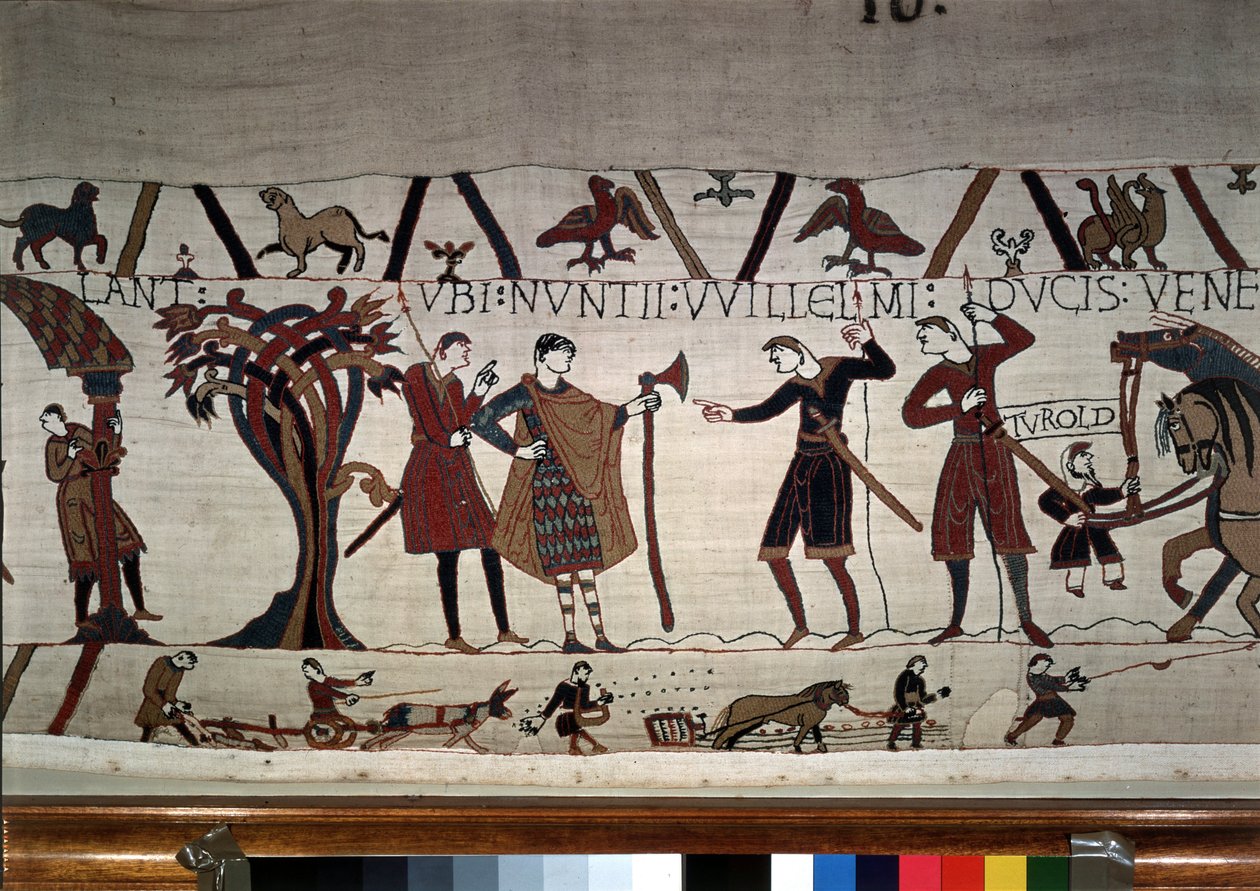 Guillaume herceg (1027-1087) hírnökei megkeresik Guy de Ponthieu-bayeux-i kárpit, amelyet Mathilde királynő hímzéseként ismernek. alkotó: Unknown artist
