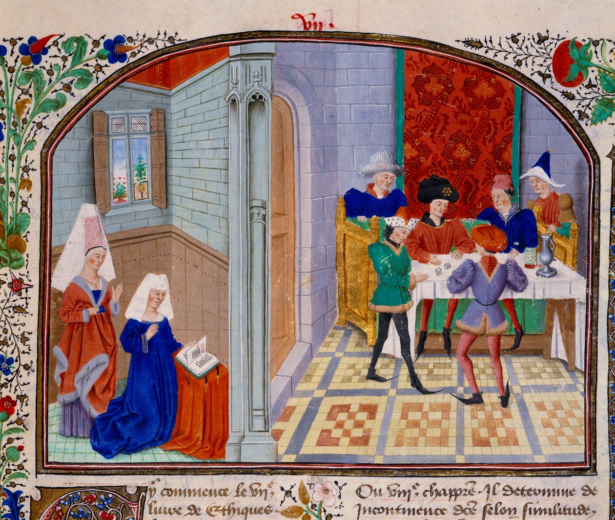 Miniatűr játék Arisztotelész (Kr. e. 383-322) görög filozófus "" Kommentár az etikához" című kéziratából, Nicolas Oresme (1325-1382) fordításában alkotó: Unknown artist