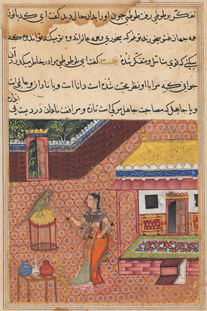 A papagáj megszólítja Khujastát a harmincnegyedik éjszaka elején, egy Tuti-namából (Papagáj meséi) alkotó: Unknown artist