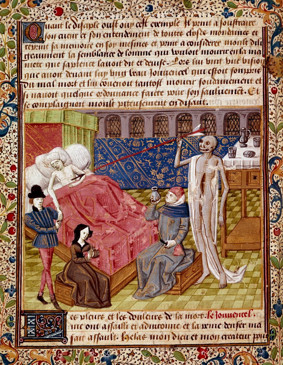 A beteget megdöbbenti a Miniatűr Halál, amelyet Jean Gerson (1363-1429) a „Le Tresor de Sapience”-ből (vagy „Le traite du jardin amoureux”) vett át, 15. századi Chantilly, Musee Conde alkotó: Unknown artist