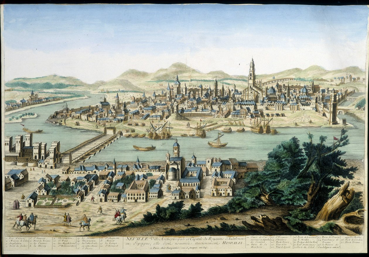 Sevilla kikötője és városa - 18. századi metszet. alkotó: Unknown artist