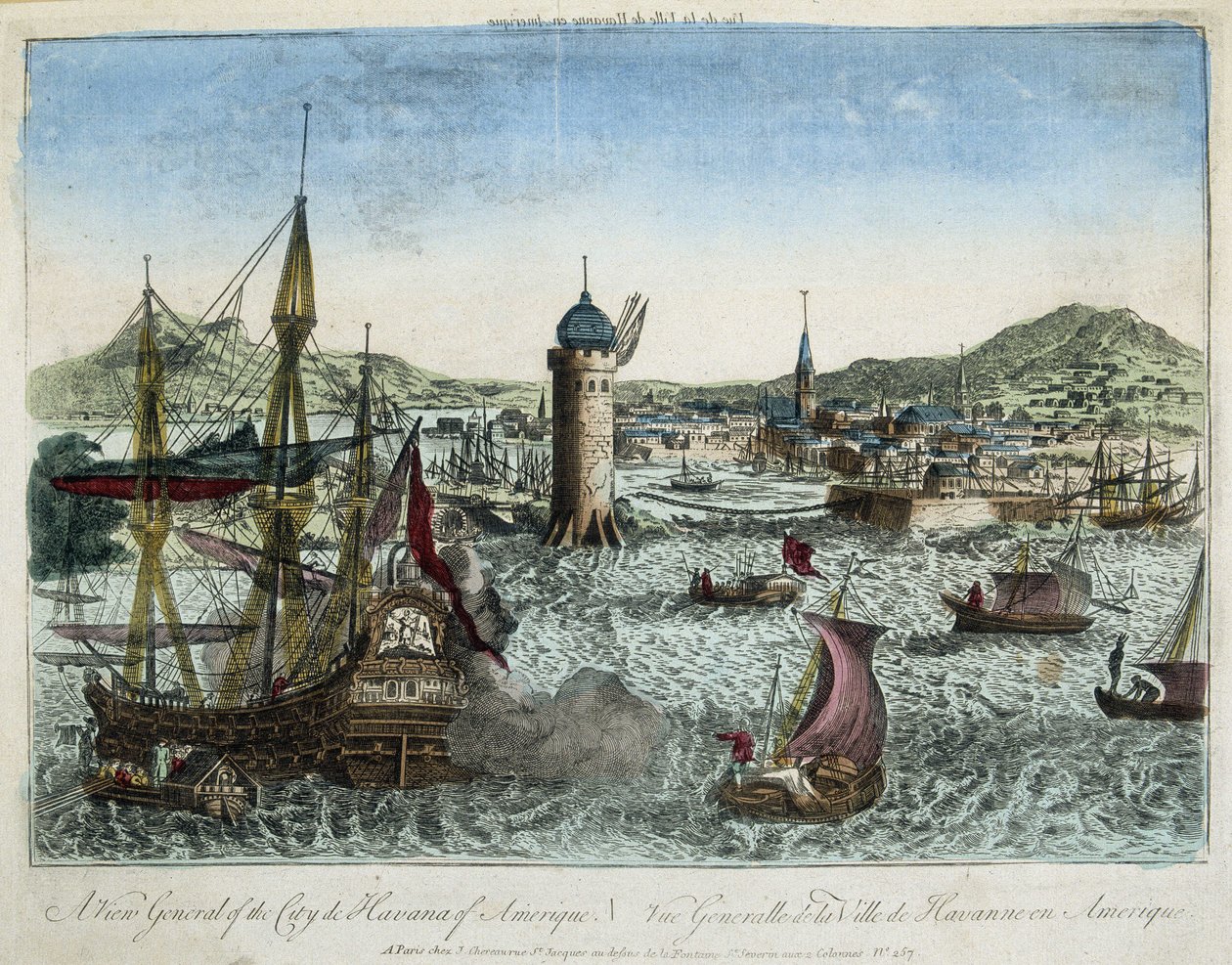 Havanna kikötője és a környező hajózás - gravírozás alkotó: Unknown artist