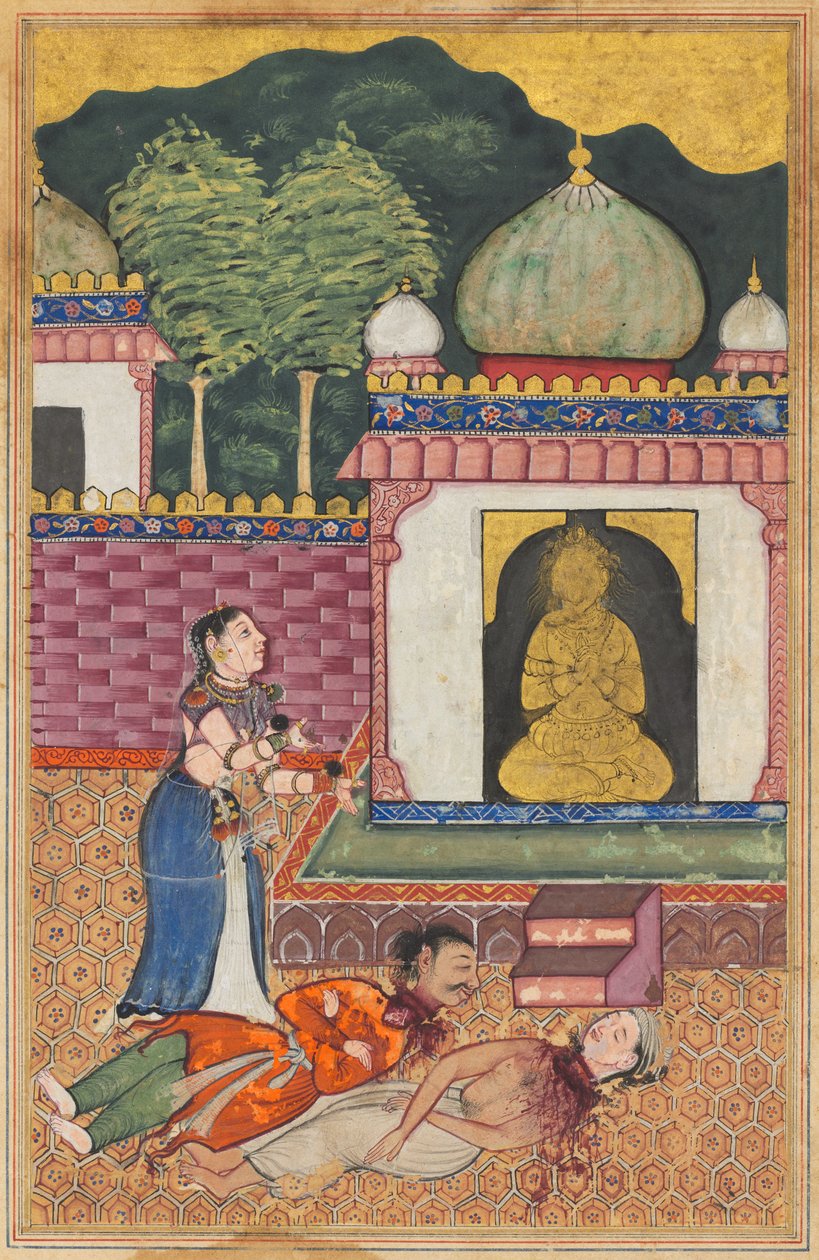 A hercegnő felfedezi férje és Brahman barátjának levágott fejű holttesteit egy Tuti-namából (Papagáj meséi): Harmincnegyedik éjszaka alkotó: Unknown artist