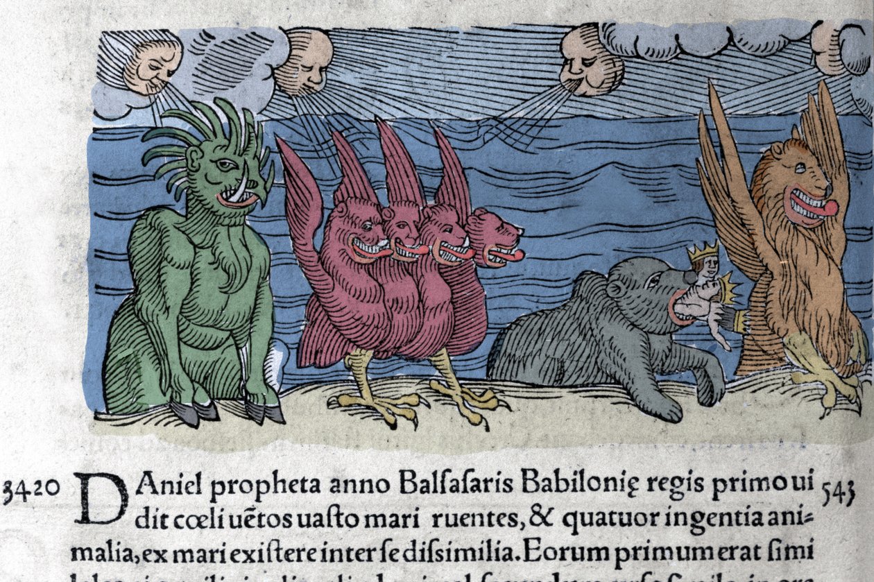 Dániel próféta szörnyeket lát megjelenni: Haniel, Kafziel, Azriel, Aniel. Metszet Wolfhart (Conrad Lycosthene) „Prodigiorum ac ostentorum Chronicon Basileae könyvéből” 1557 alkotó: Unknown artist