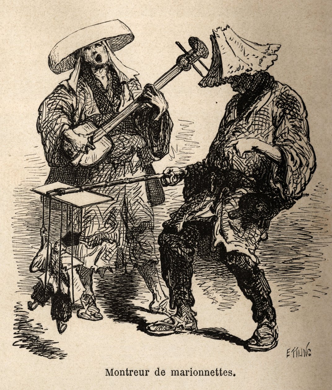 A bábszínház és az őt utcai szórakozásra elkísérő zenész. Aime Humbert, a Svájci Államszövetség minisztere 1863-1864-es metszete a japán utazás szemléltetésére, megjelent a „le tour du monde”-ban, Ed irányításával. alkotó: Unknown artist