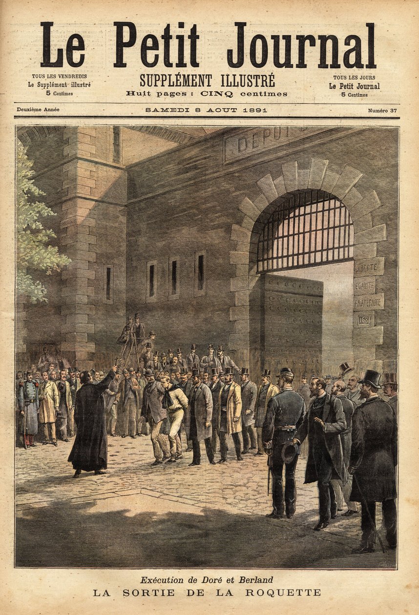 A párizsi börtön 1891. július 27-i rakéta alóli kiszabadulása, Dore és Berland bűnözőket halálra ítélték. Henri Meyer metszete a „” Le petit journal”-ban 1891.08.08. Selva gyűjteménye. alkotó: Unknown artist