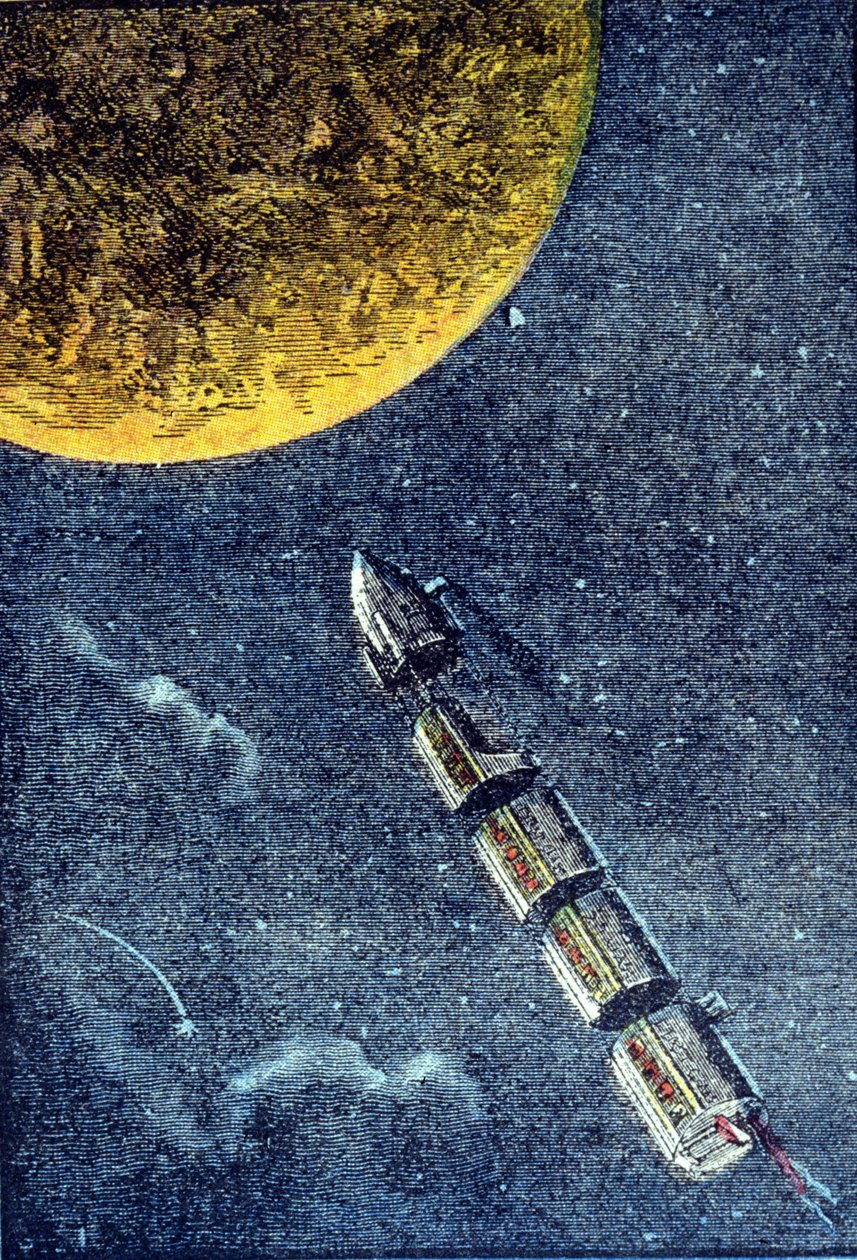 A rakéta a Holdra érkezve indult az űrbe - grav. Jules Verne „From the Earth to the Moon” című művében alkotó: Unknown artist