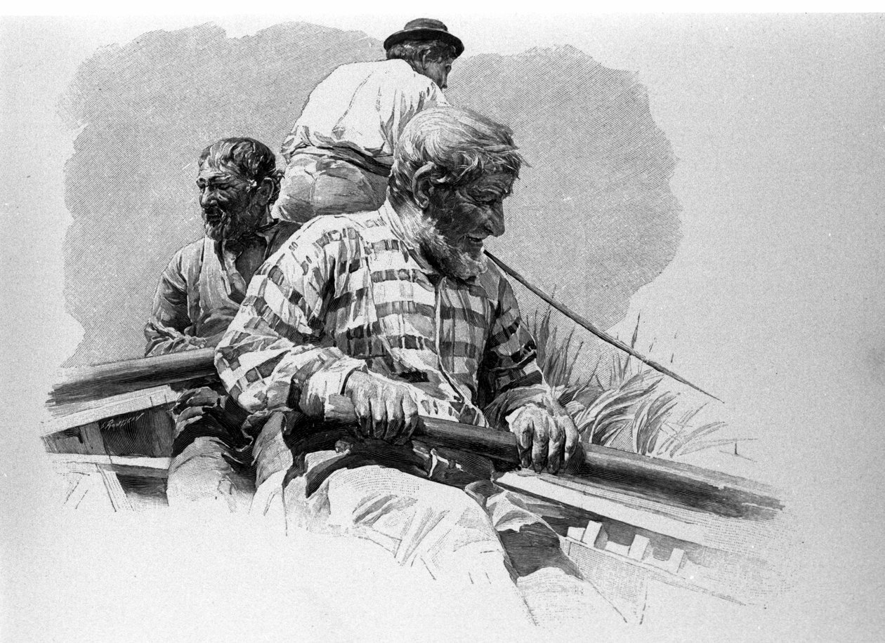 Az evezősök egy csónakon az Anapo folyón Szicíliában. alkotó: Unknown artist