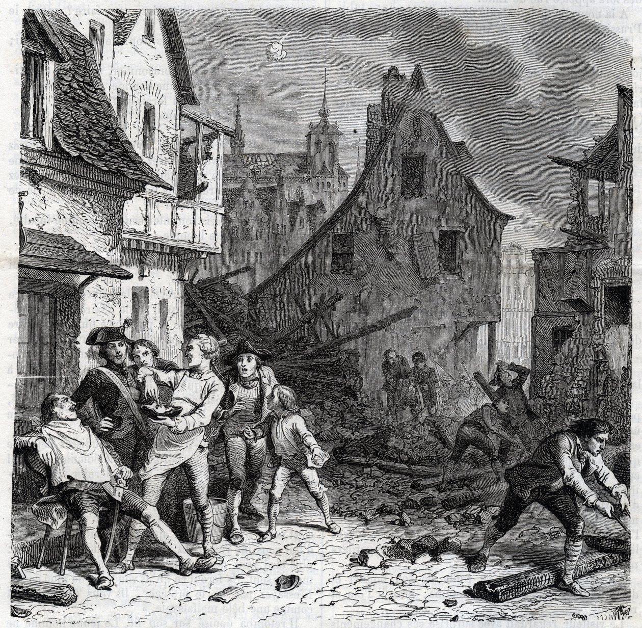 A lillei borotválkozó edény. Egy epizód Lille 1792-es ostromából a francia függetlenségi háborúk idején - Le siege de Lille en octobre 1792 - Revolution francaise - Osztrákok és poroszok bombázása - Borbély fél bombát használ szakálltányérként - engr alkotó: Unknown artist