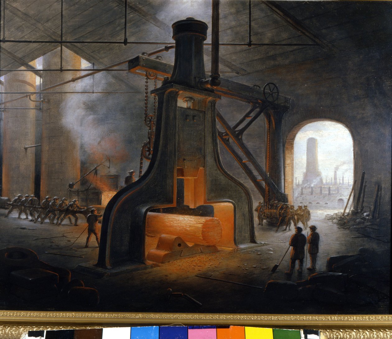 A J. Nasmyth által feltalált gőzkalapács (dobos) manchesteri kohászati üzemekben használatos. Névtelen festmény alkotó: Unknown artist