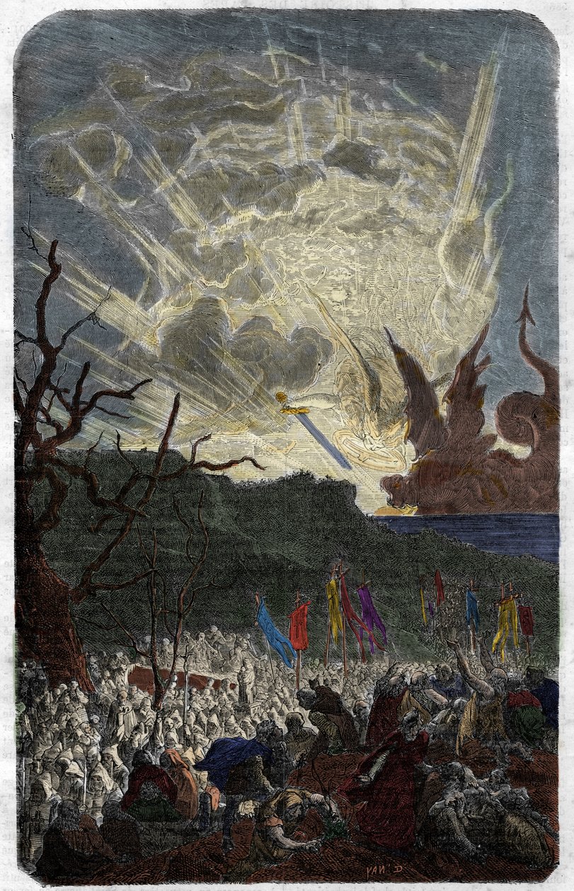 Az ezres (1000) év babonásai (félelmei): a világvége. Metszet a „Histoire des Papes-Rois-Queen and Empereurs a travers les centuries” című könyvébe, Maurice Lachatre alkotó: Unknown artist