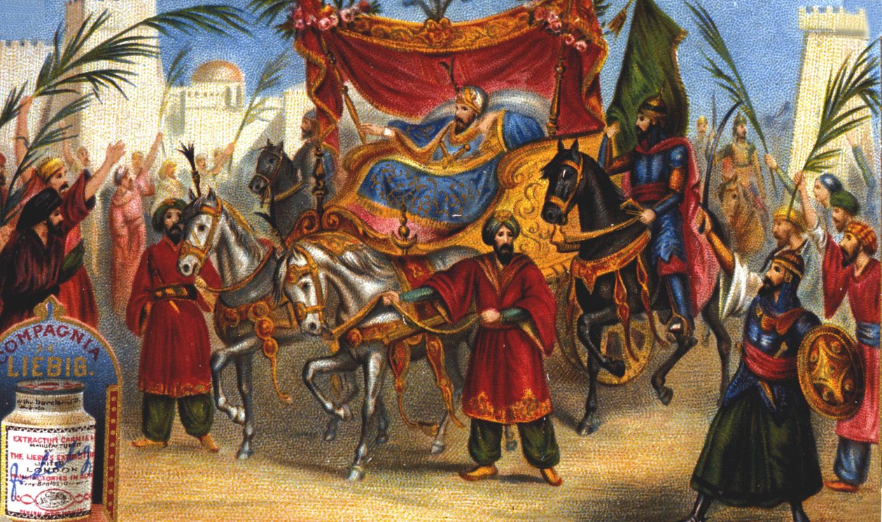 Szaladin (1138-1193) (Salah al Din Yusuf al-Ayyubi (al Ayyubi), a vezír diadalmas bejárata Jeruzsálem városába 1187-ben. Liebig kromolitográfiája a 19. században. alkotó: Unknown artist