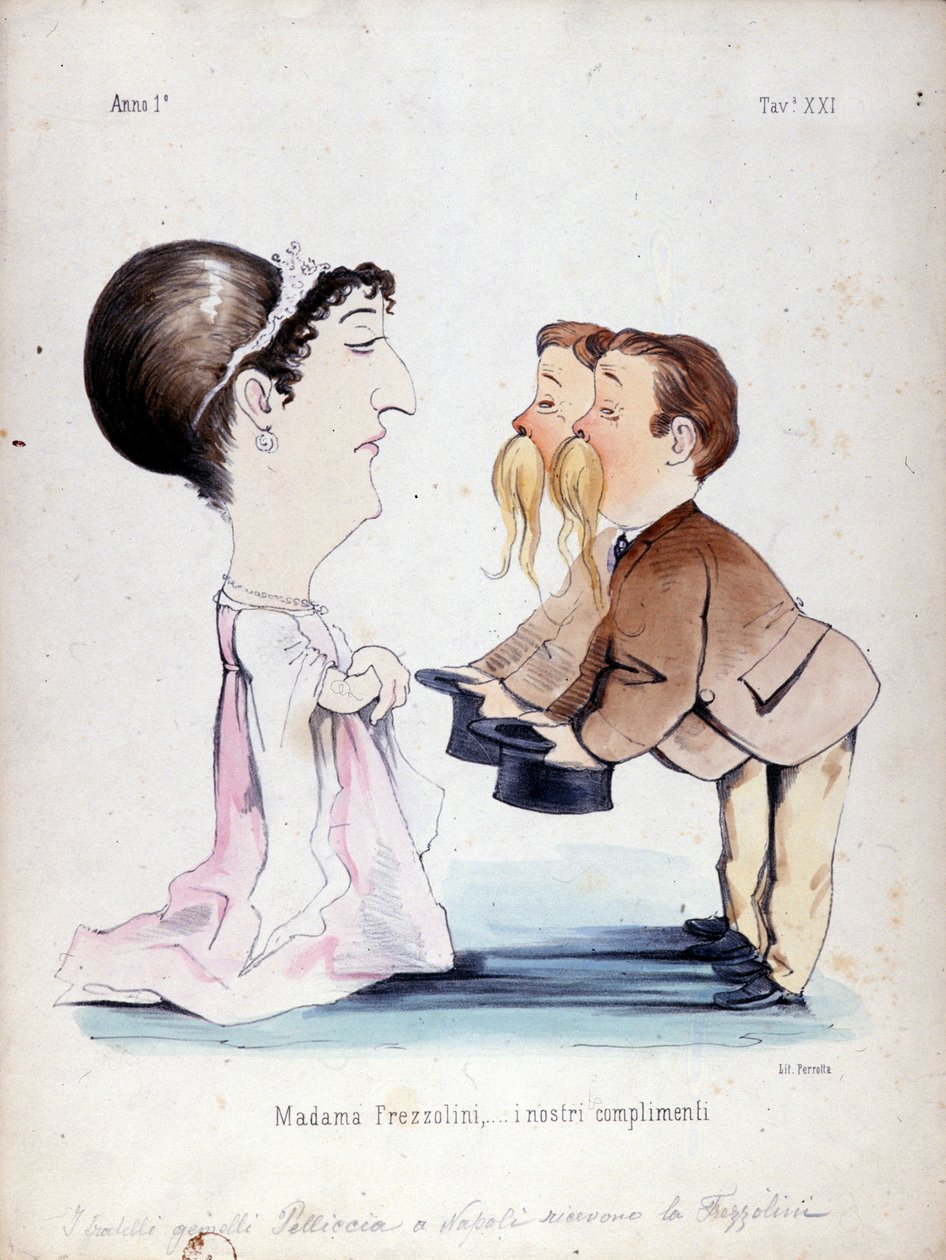 A Pelliccia ikertestvérek Erminia Frezzolinit, az olasz szopránt (1818-1884) fogadták. Rajzfilm a 19. századból. alkotó: Unknown artist