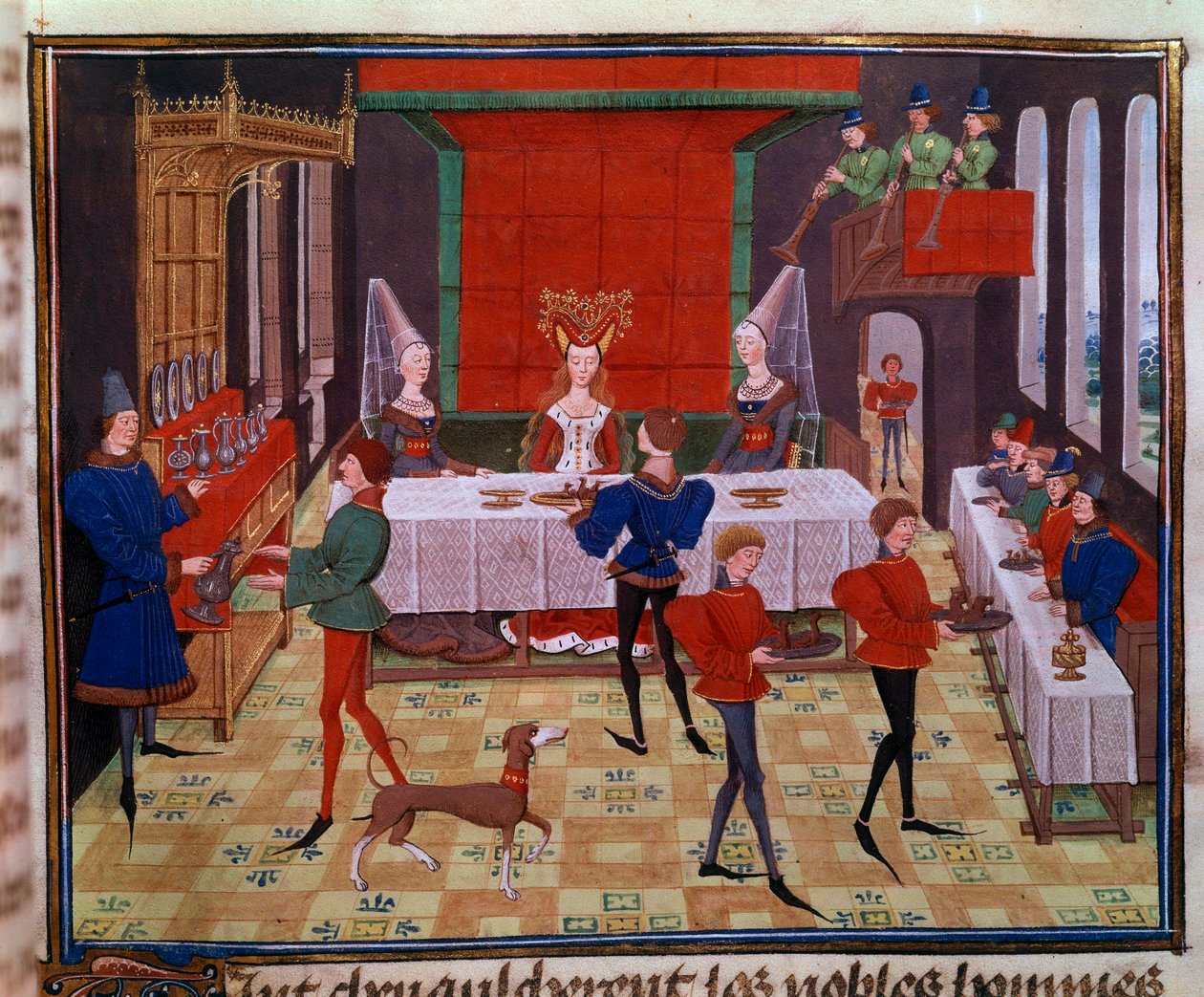Az esküvői bankett Clarisse, Yvon Gascogne király lánya és Renaud Miniature, Loyset Liedet „Renaud de Montauban” vagy „Les quatre fils Aymon” kéziratából (aktív 1448 és 1478 között). Ms. 5073. 15. századi Bibliotheque alkotó: Unknown artist