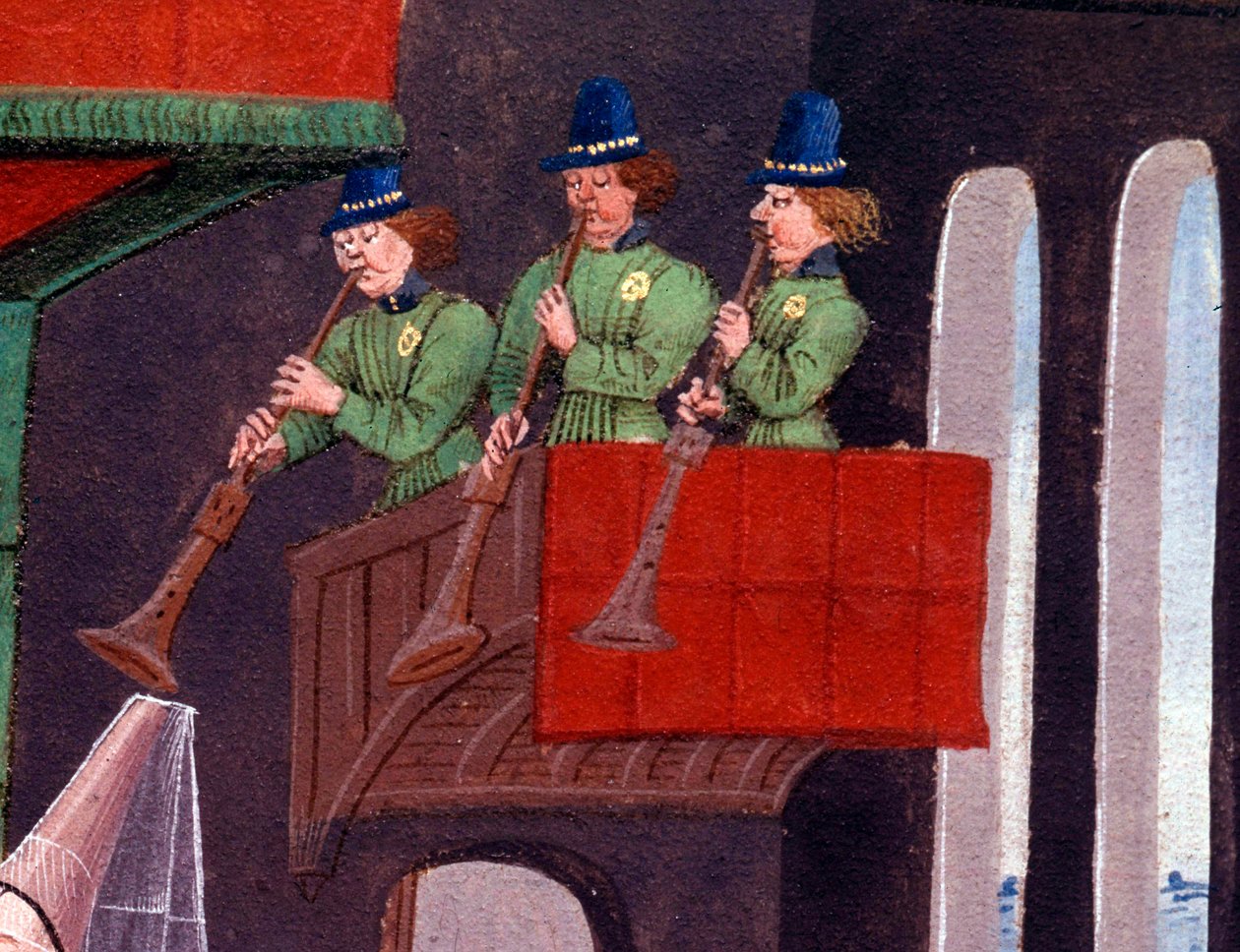 Clarisse, Yvon Gascony király lánya és a trombitásokat képviselő Renaud Detail esküvői bankettje. Miniatűr Loyset Liedet „Renaud de Montauban” vagy „Les quatre fils Aymon” kéziratából (aktív 1448 és 1478 között). Ms. 5073. alkotó: Unknown artist