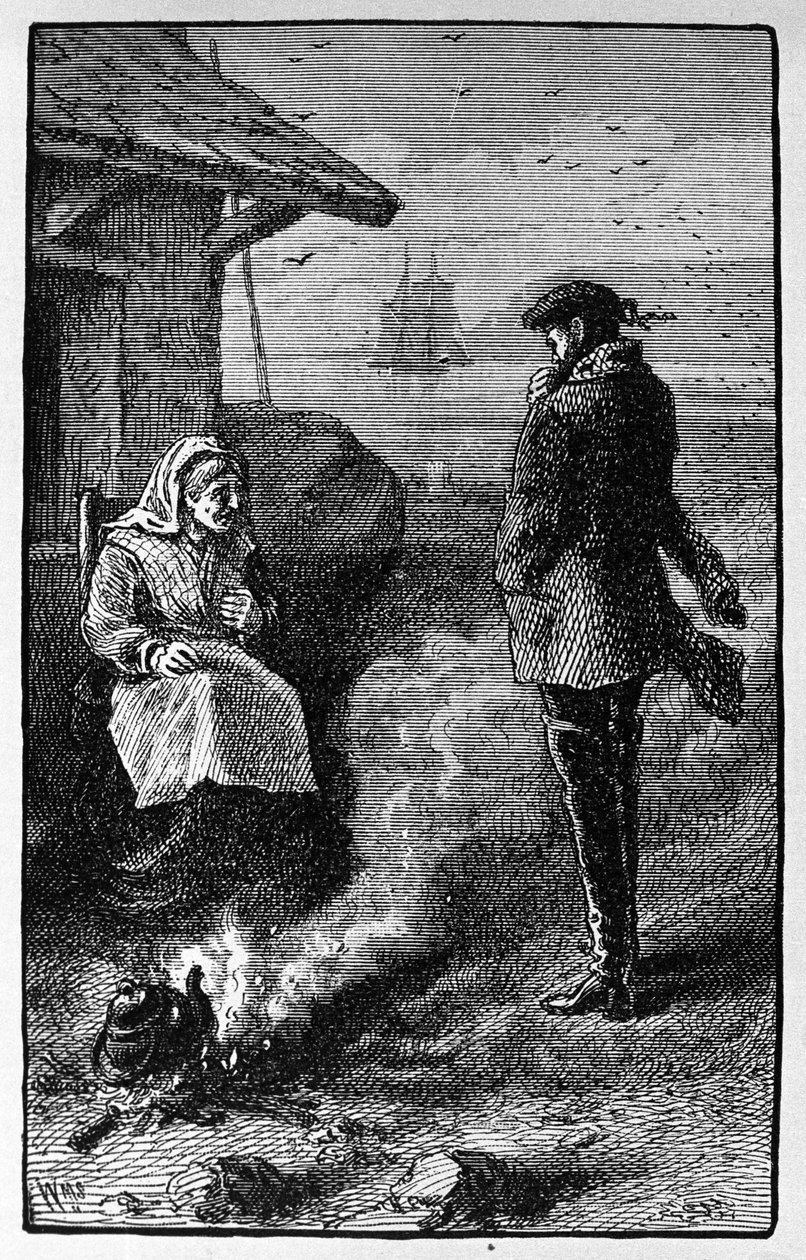 A Pomona szigetén (Orkney) élő boszorkány, Bessie Millie tengerészek számára kedvező szelet árul. Illusztráció Walter Scott történetéről 1814-ből. 19. századi metszet alkotó: Unknown artist