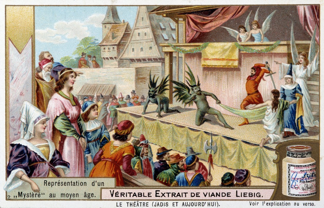 Színház: egy középkori misztérium ábrázolása - Liebig kromolitográfia alkotó: Unknown artist