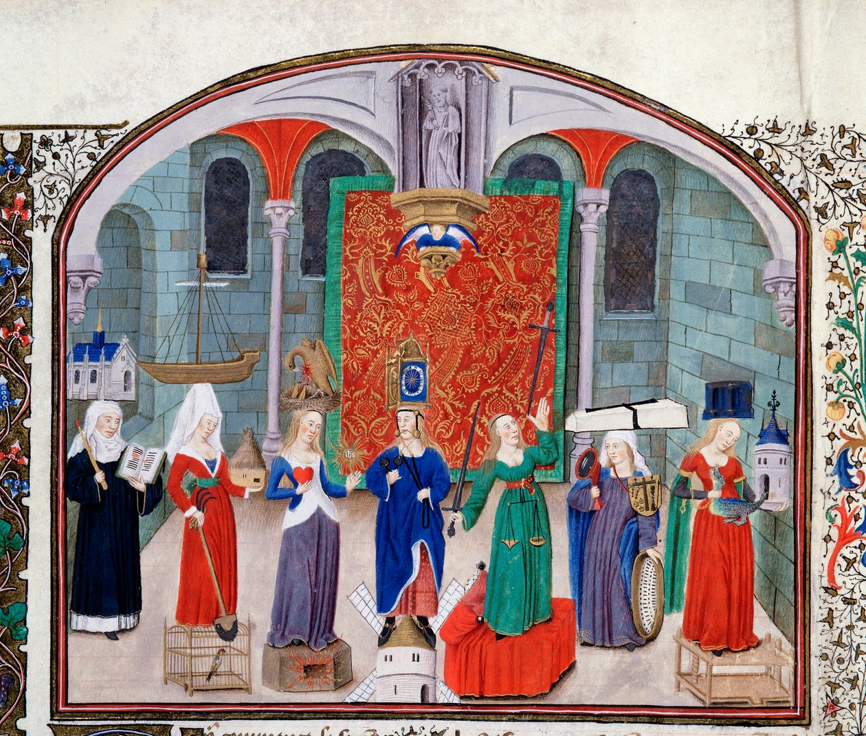 A teológiai és kardinális erények elmélete. Miniatűr a kéziratból (Ms 927 fol.17V) Arisztotelész (Kr. e. 383-322) görög filozófus "" Kommentár a politikai és gazdasági etikához" - Nicolas Oresme (1325-1382) fordításában alkotó: Unknown artist