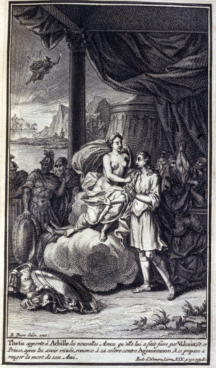 Thetis elhozza Akhilleusznak az új fegyvereket, amelyeket Vulkán készített neki; és ez a herceg, miután megkapta őket, lemond Agamemnon elleni haragjáról, és arra készül, hogy megbosszulja barátja halálát. Homérosz Iliászának XIX. könyvének illusztrációja, alkotó: Unknown artist