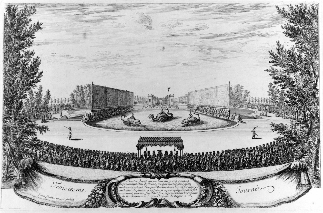 Harmadik nap: Alcine szigetét jelképező Nagy-tó közepén felállított színház... Metszet 1676. alkotó: Unknown artist