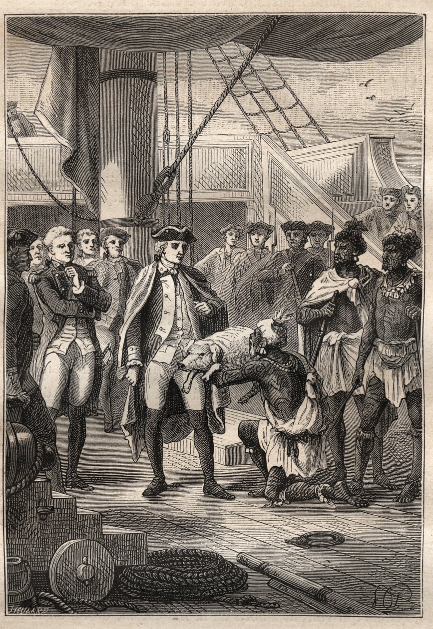 James Cook (1728-1779) kapitány harmadik útja (1776-1779): Koah pap egy kismalacot ajánl Cooknak a Resolution (Hawaii) hajó fedélzetén – illusztráció a „18. századi nagy tengerészek” című könyvből. alkotó: Unknown artist