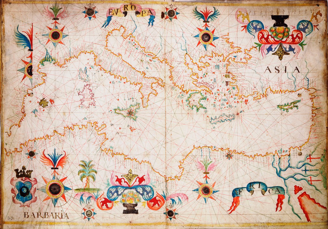 Ez a fajta korai pergamen tengeri térkép a Földközi-tengeren keletkezett a 13. században. 1610 körül (kézirat). alkotó: Unknown artist