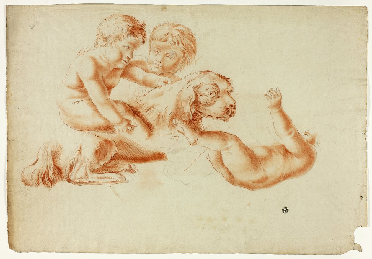 Három Putti játszik kutyával alkotó: Unknown artist