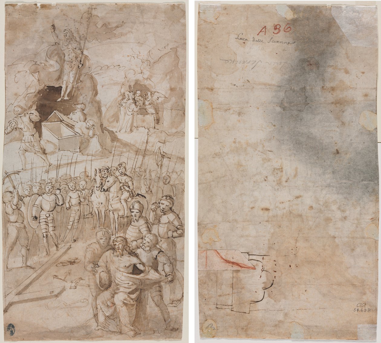 Három jelenet Krisztus szenvedéséből (recto) Építészeti vázlat (verso) alkotó: Unknown artist
