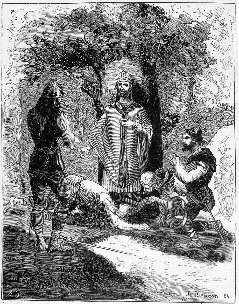 Saint Leger hóhérai közül három (616-677) a lába elé vetette magát, hogy bocsánatot kérjen. századi metszet. alkotó: Unknown artist