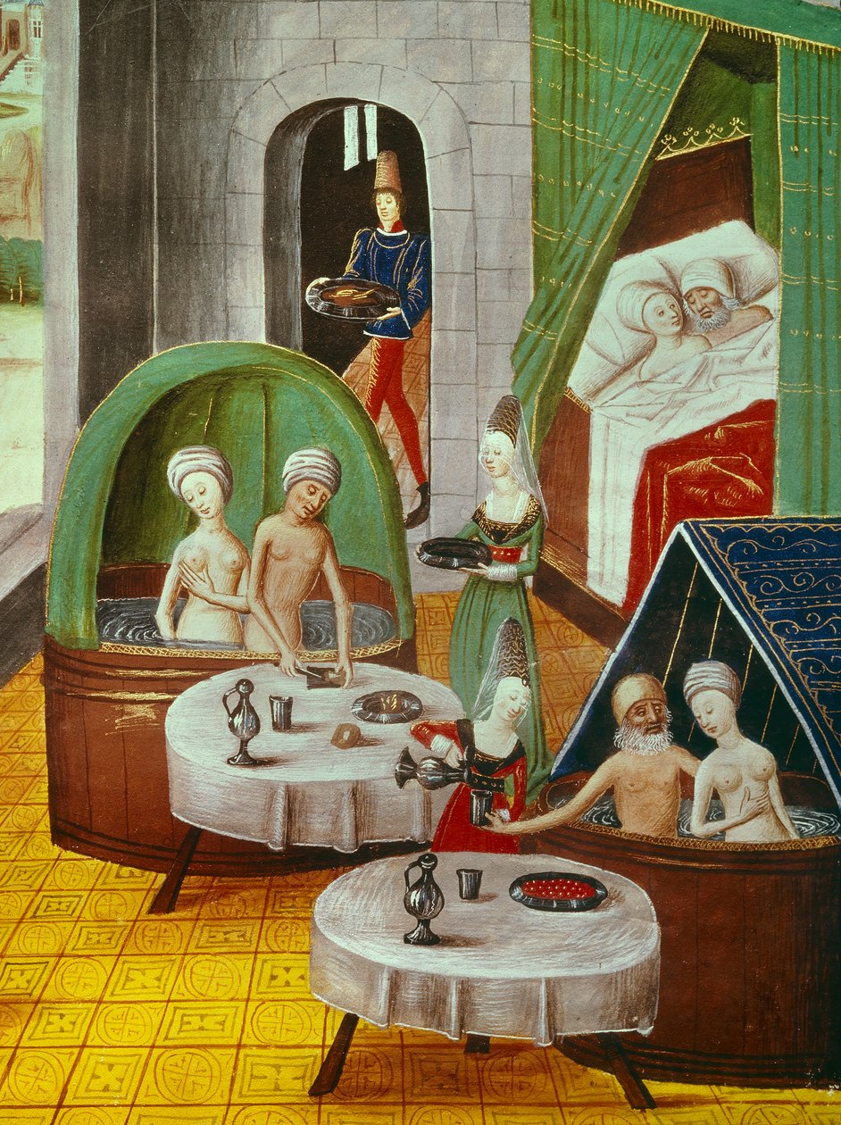 Miniatűr. Egy „fürdőház” belsejében a középkorban alkotó: Unknown artist