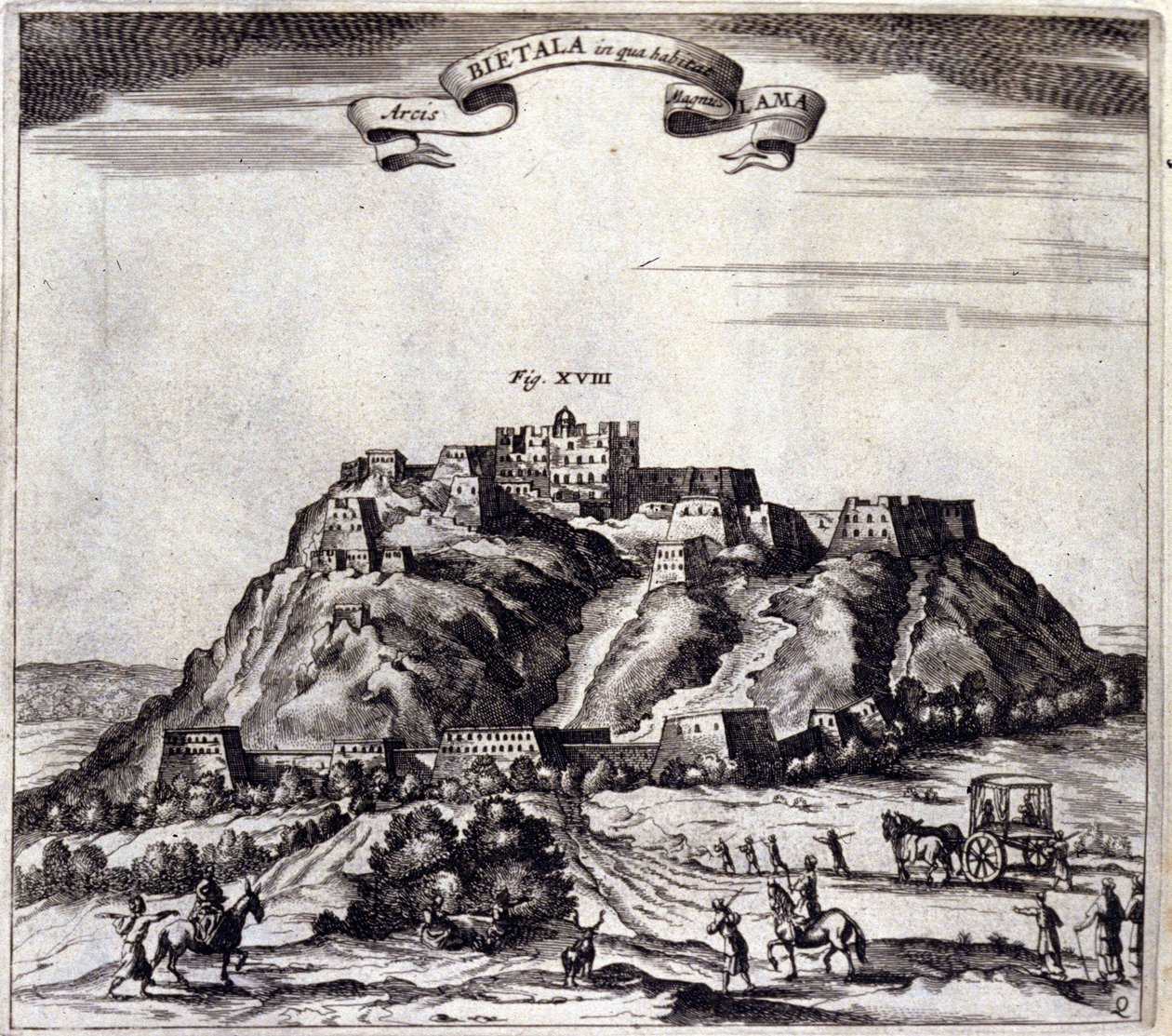 Tibet. Kilátás a Pothala-ra, a palotára vagy a Dalai Lámára Lhászában. Athanasius Kircher (1601-1680), jezsuita, orientalista és német tudós „De China Monumenta” című műve, Amszterdam 1667. alkotó: Unknown artist
