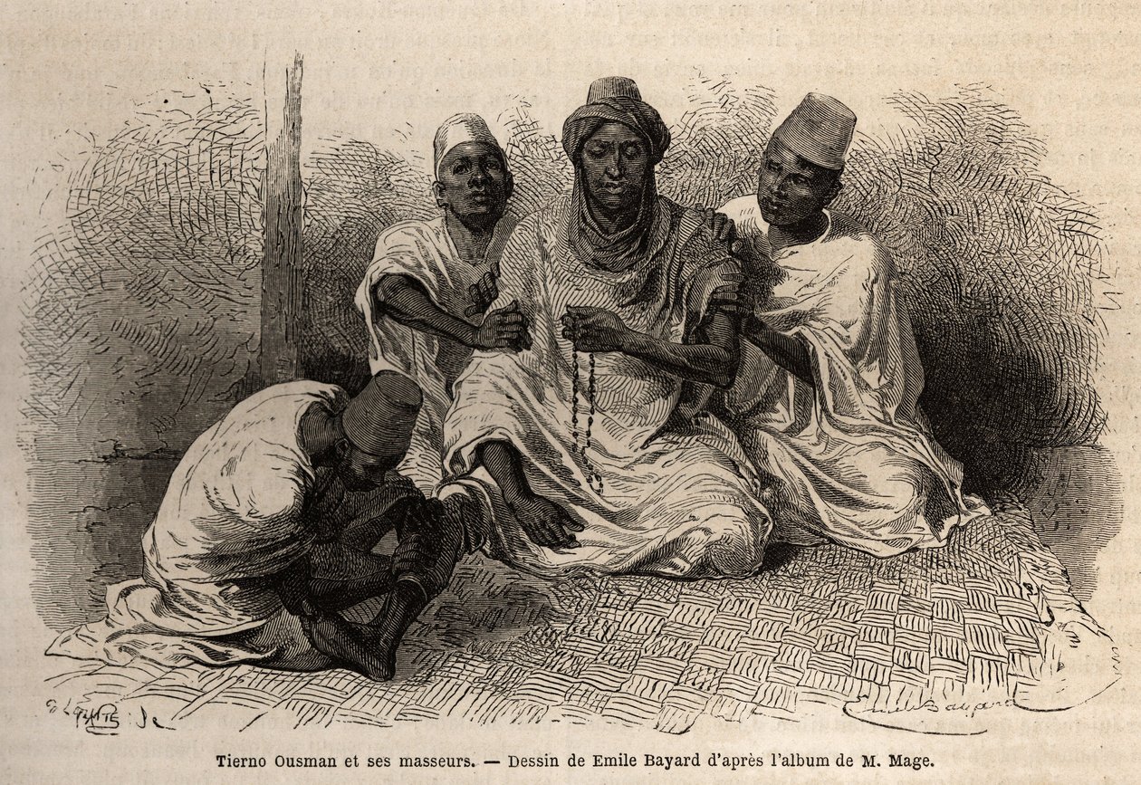 Tierno Ousman, a Toucouleur törzs tagja, Guemmou Koura (Mali) falu feje, kezében egy nagy szemű muszlim rózsafüzér, imáit mondja, miközben masszőrei a hátát és a lábát masszírozzák. Metszet, amely illusztrálja Lieute nyugat-szudáni útját alkotó: Unknown artist