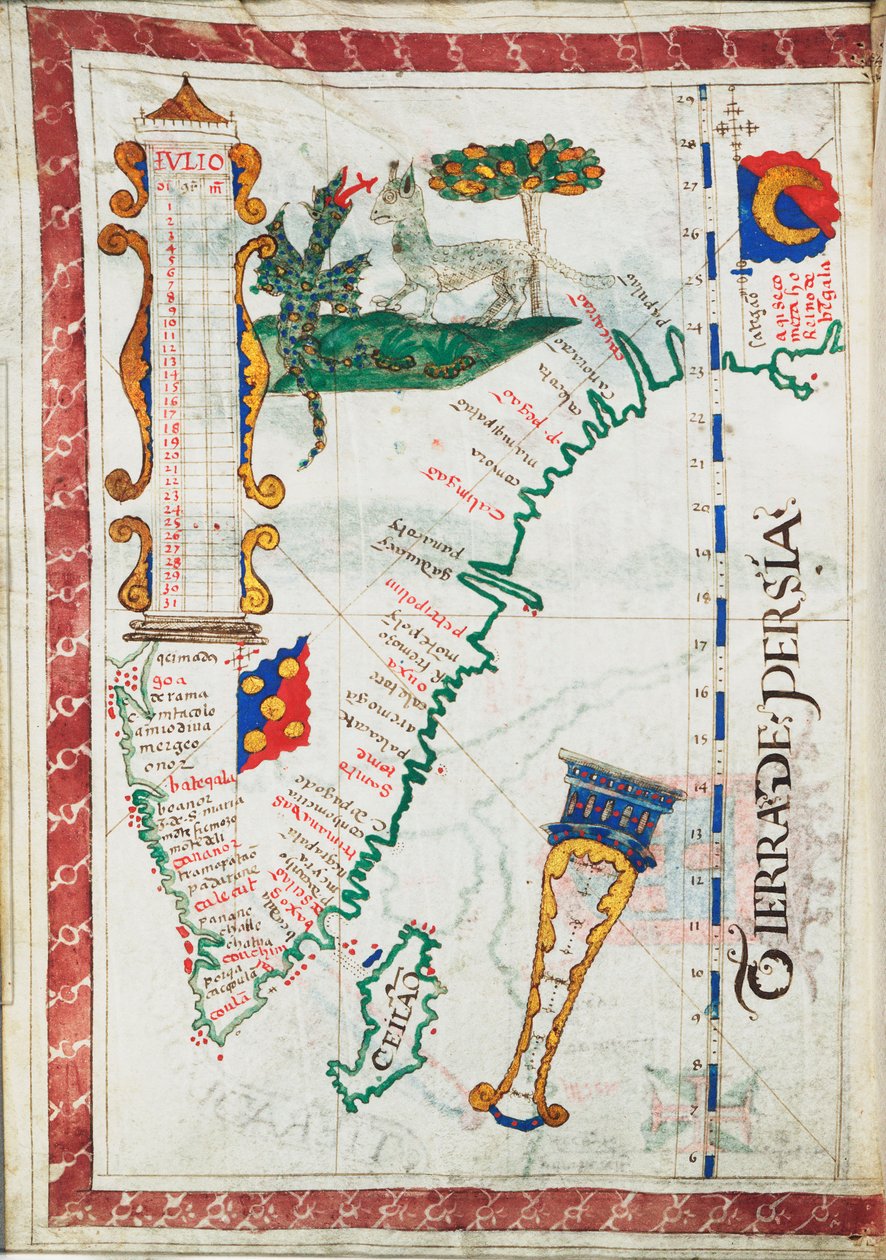 Tierra de Persia", méretarány: kb. 1:13 500 000, további helyek Dél-Indiában és Srí Lankán, 1550-60 körül (pergamen). alkotó: Unknown artist