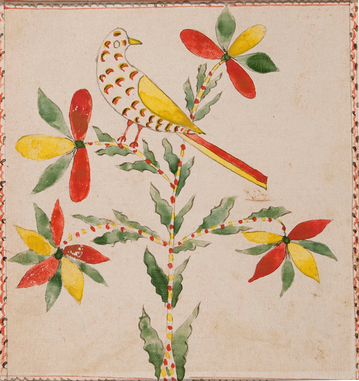 Apró sárga és piros madár a virágzó gallyon alkotó: Unknown artist