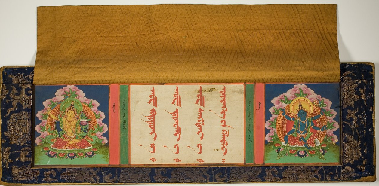 Egy buddhista kézirat címlapja és címlapja Manjusrival (balra) és Mantramanudharanival, egy Pancharaksha istennővel (jobbra). alkotó: Unknown artist