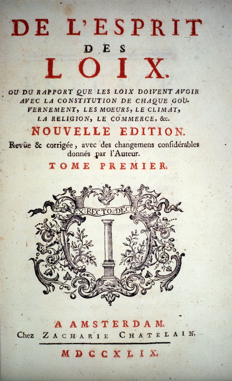 Charles Louis de Secondat, de La Brede et de Montesquieu báró (1689-1755) „A törvények szelleme” címlapja. Amszterdami kiadás 1749. alkotó: Unknown artist