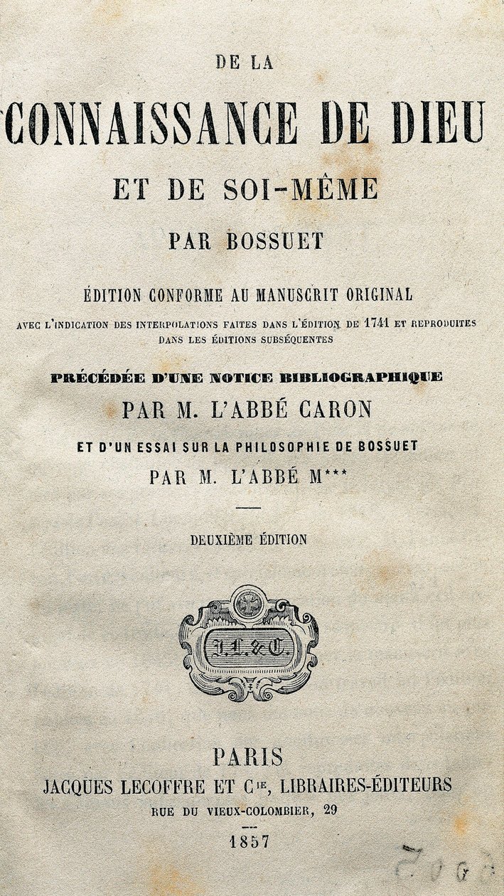 Jacques-Benigne (Jacques Benigne) Bossuet (1627-1704) francia teológus és püspök „Isten és önismeret” címlapja. 1857. alkotó: Unknown artist