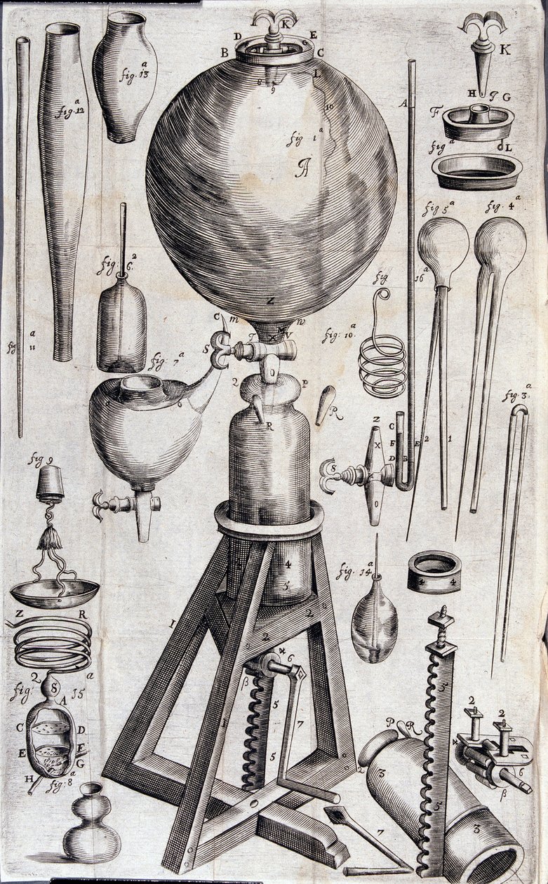 Eszközök tudományos kísérletekhez - Robert Boyle "Új fizikai-mechanikai kísérletek a rugalmas légerővel és hatásaival kapcsolatban, nagyrészt egy új pneumatikus gépben" alkotó: Unknown artist