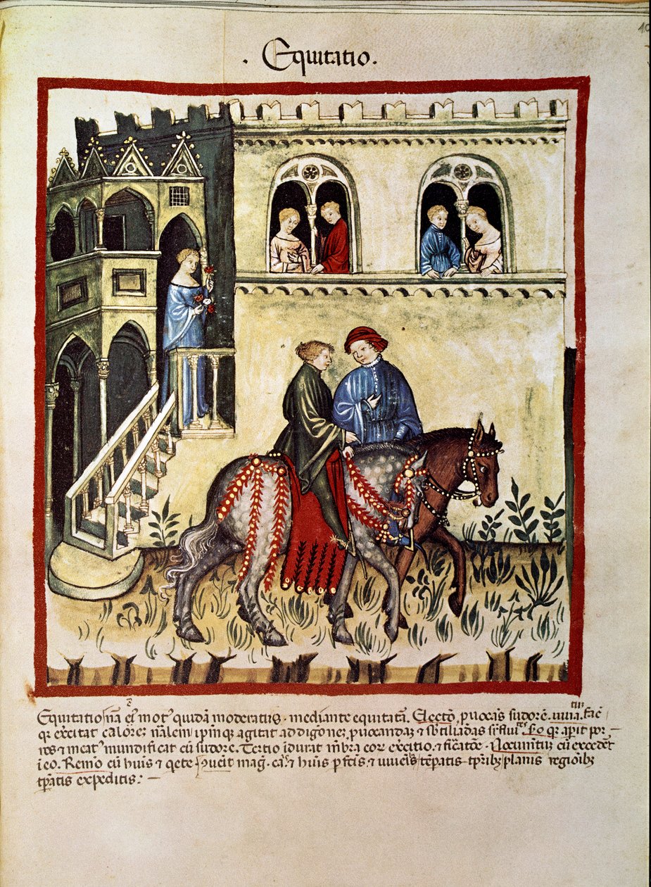 Kezelje a gyógyszert: „” a lovaglás előnyei”” Az oldal a „” Tacuinum sanitatis”-ból származik” (Cod. ser. nov. 2644) 1400 körül Bécs, Osterreichische Nationalbibliothek alkotó: Unknown artist
