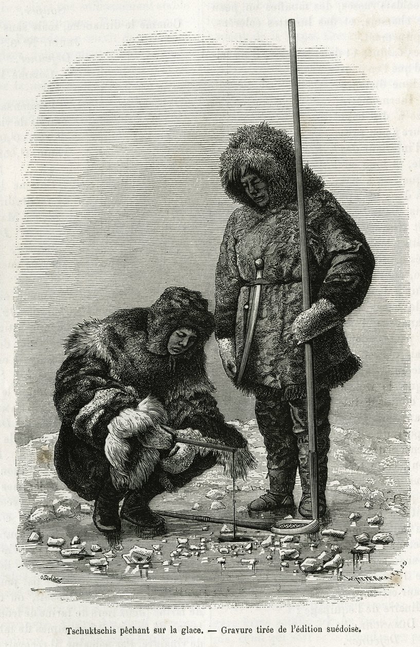 Tschuktschis horgászat jégen a Koljutschin-öbölben (sarkkör). Metszet a svéd kiadásból, az 1878-1880-as években Nils Adolf Erik (Eric) báró Nordenskjold (Nordenskiold) (1832-1901) „Utazás de la Vega körül Ázsia és Európa körül” című történet illusztrálásár alkotó: Unknown artist