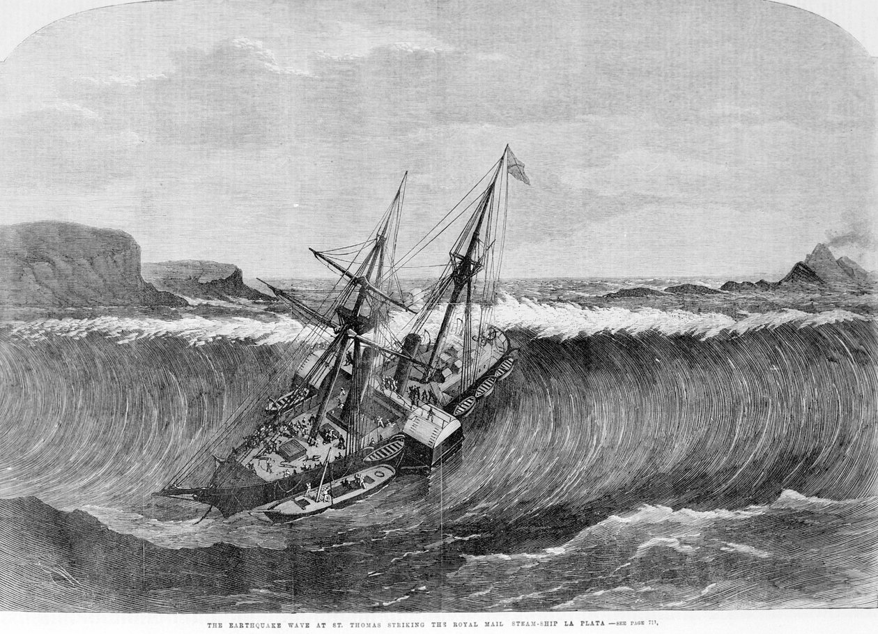 Szökőár 1867. A Saint Thomas-i földrengés okozta azokat a nagy hullámokat, amelyek 1867-ben sújtották a „La Plata” vonalhajót. alkotó: Unknown artist