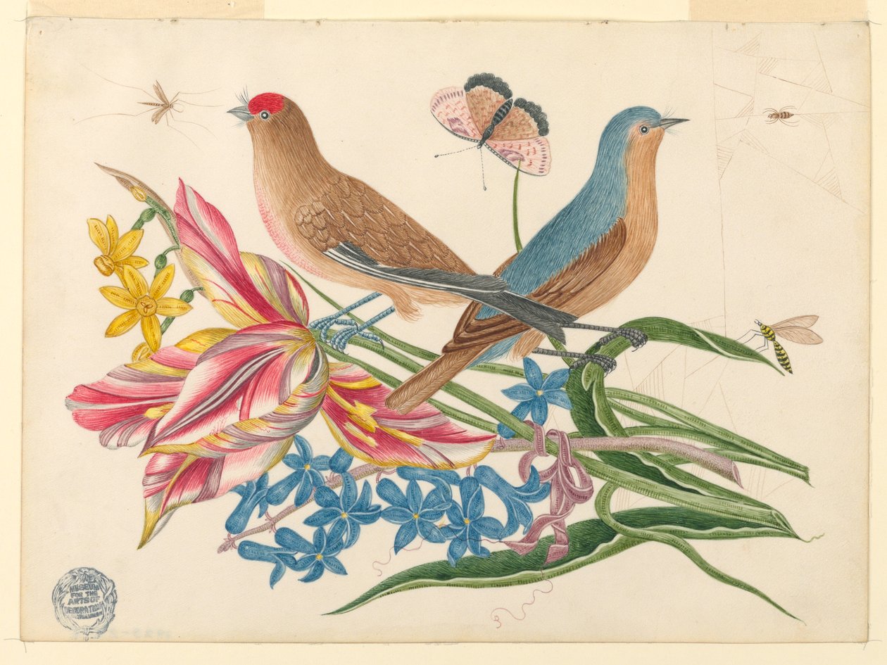Két madár egy tulipán ágon rovarokkal alkotó: Unknown artist