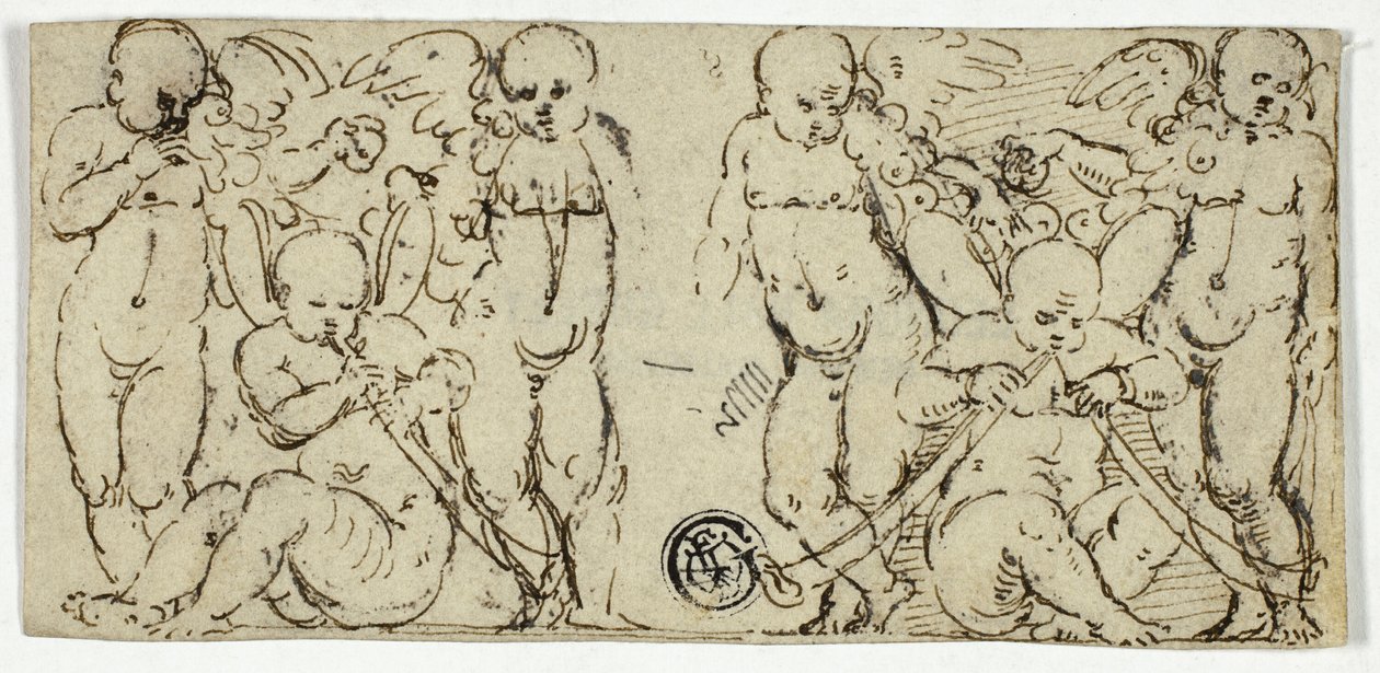 Két dekoratív csoport putti trombitákkal és gyümölccsel alkotó: Unknown artist