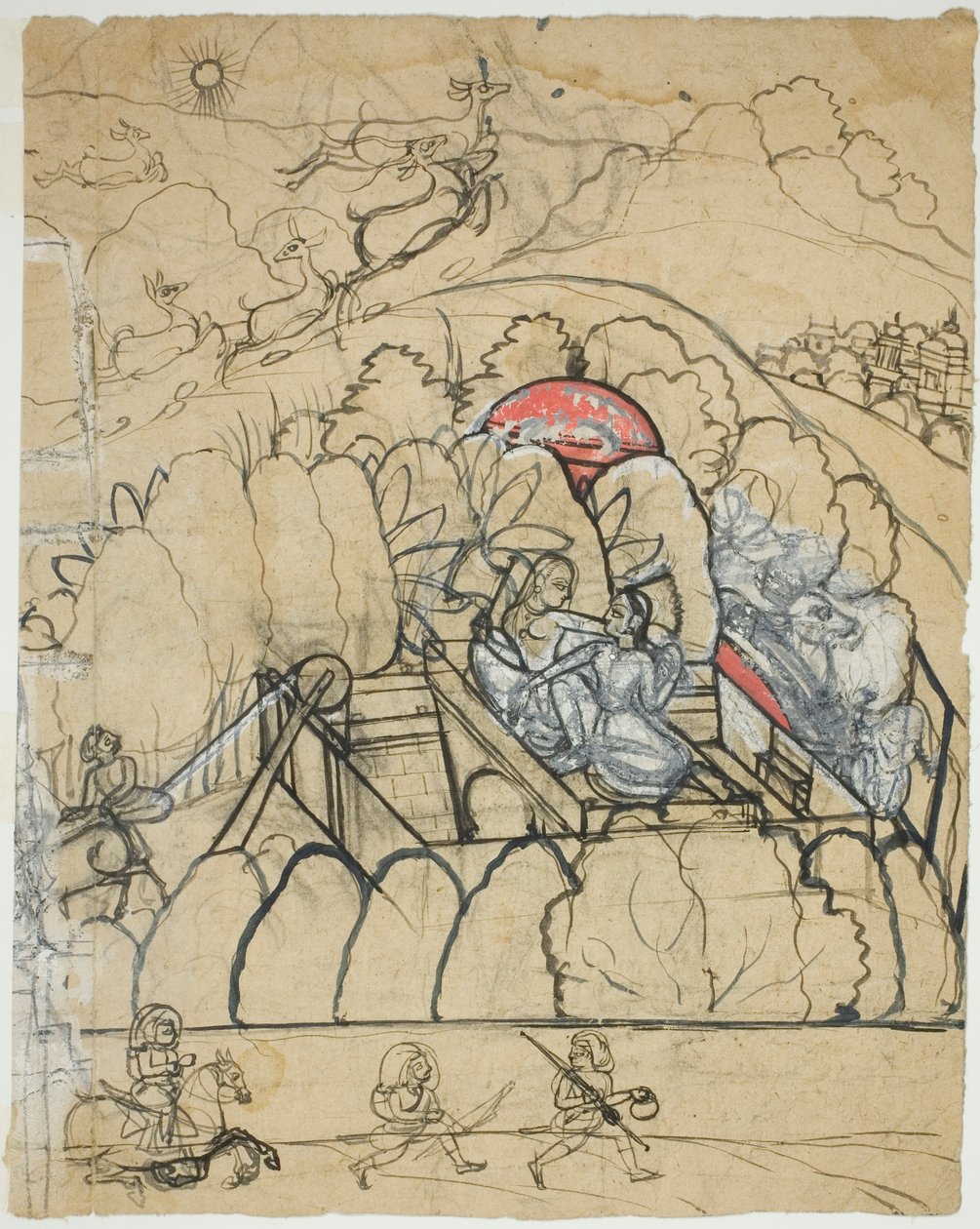 Két hölgy beszélget egy lépcsős kútnál (Baoli) egy fallal körülvett kertben alkotó: Unknown artist